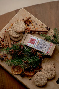 High angle view of cookies on table