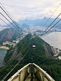 High angle view of overhead cable car over mountains against sky