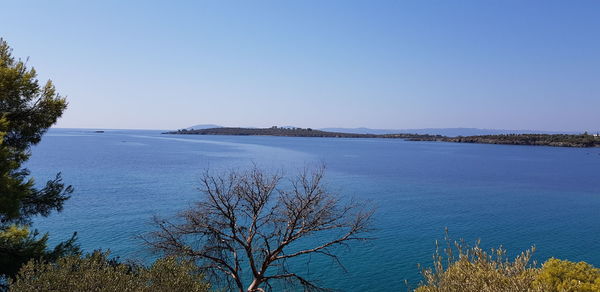 Scenic view of sea against clear blue sky