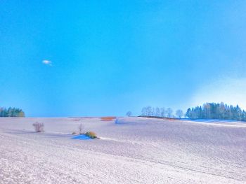 Scenic view of snow field against clear blue sky