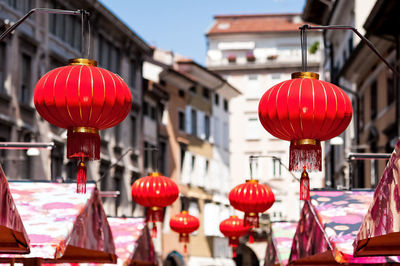 Red lanterns hanging outside building