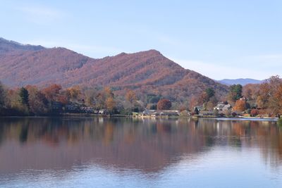 Scenic view of lake and mountains against sky