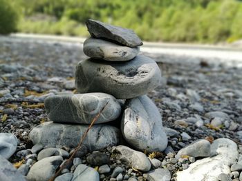 Close-up of stone stack on rock