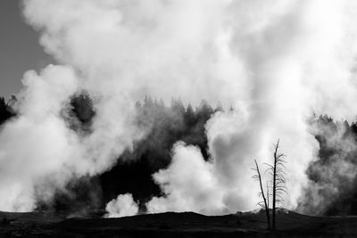 Smoke emitting from volcanic mountain against sky