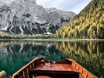 Scenic view of lake by snowcapped mountains