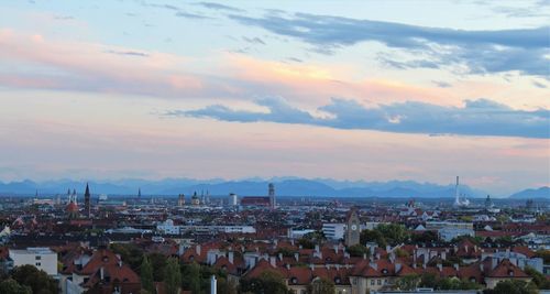 High angle view of townscape against sky at sunset