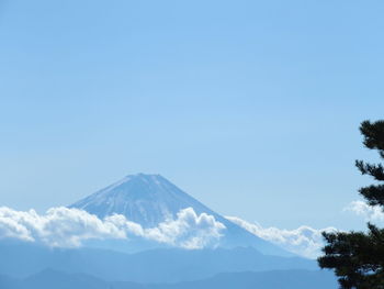 Scenic view of snowcapped mountains against clear blue sky
