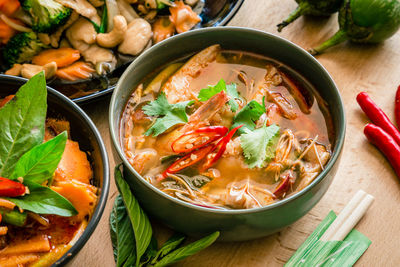 High angle view of soup in bowl on table