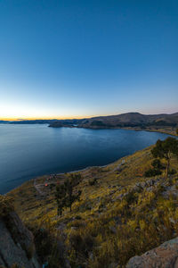 Scenic view of sea against clear blue sky