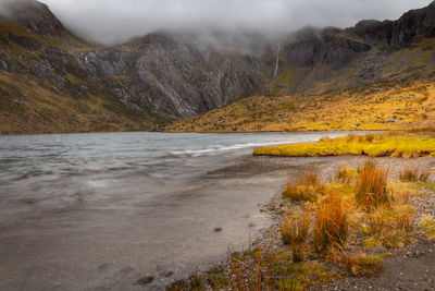 Scenic view of lake and mountains against sky