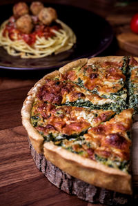 High angle view of pizza on table