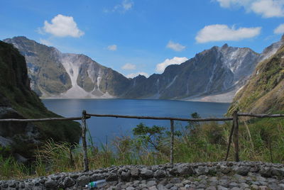 Scenic view of lake and mountains against sky