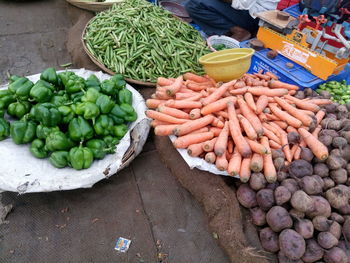 High angle view of vegetables for sale at market stall