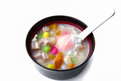 High angle view of soup in bowl