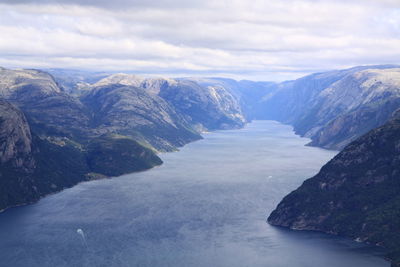 Scenic view of sea and mountains against sky