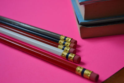 High angle view of colored pencils on table