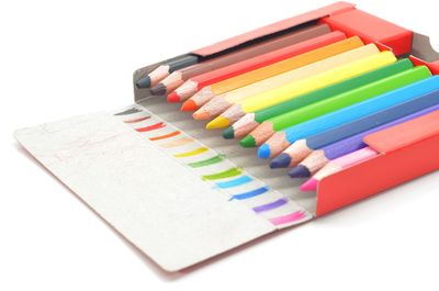 Close-up of colored pencils against white background