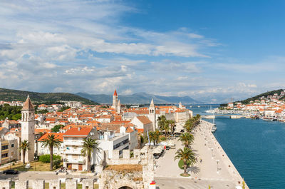 High angle city view of beautiful seaside town of trogir, croatia on coast of adriatic sea
