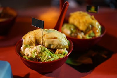 Close-up of meal served on table