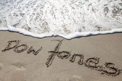 High angle view of text on beach