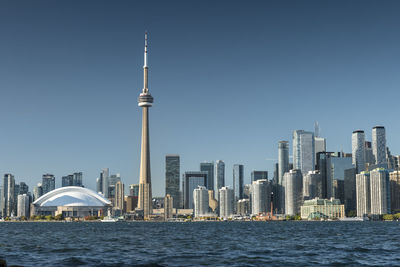 View of buildings in city against clear sky