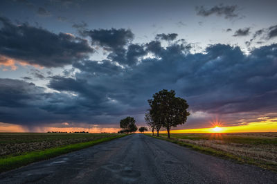 Road amidst trees on field against sky during sunset