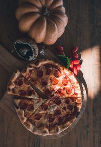 High angle view of pizza on table