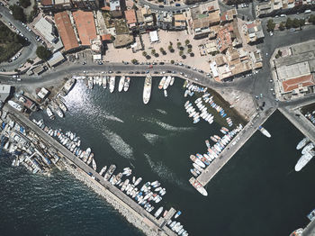 High angle view of city buildings and harbour