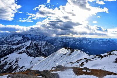 Scenic view of snowcapped mountains against sky