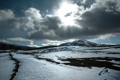 Scenic view of snow covered landscape against sky