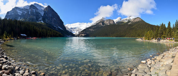 Scenic view of lake and mountains against sky