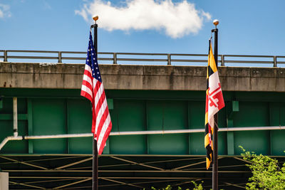 Low angle view of flag hanging against built structure