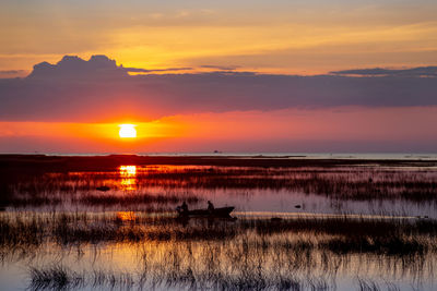 Scenic view of lake against sky during sunset