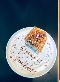 Directly above shot of cake in plate on table