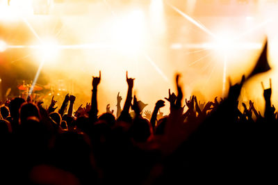 Crowd cheering in music concert at night