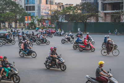 Bicycles parked on street in city