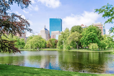 Trees and buildings by lake against sky