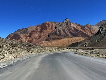 Road in desert against clear blue sky
