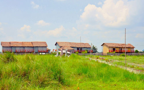 Houses on grassy field against cloudy sky