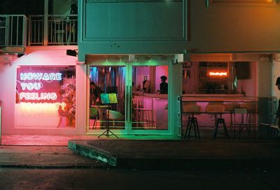 Interior of illuminated building at night