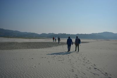Rear view of men on beach against clear sky