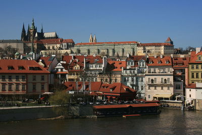 Buildings by river against sky in town