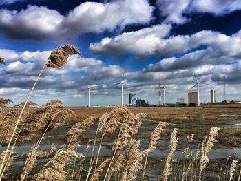 Windmills on landscape against cloudy sky