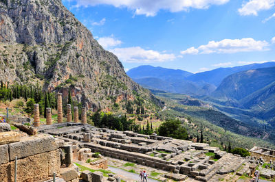 High angle view of old ruins against sky