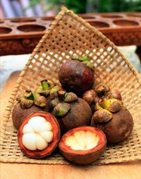 Close-up of mangosteen on table