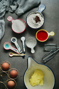 High angle view of breakfast on table