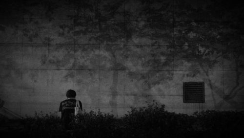 Rear view of man standing by building against sky at night