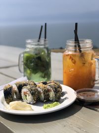 Close-up of food served on table