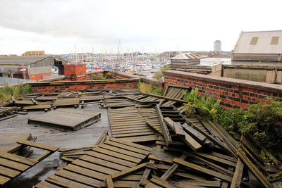 High angle view of buildings in city against sky