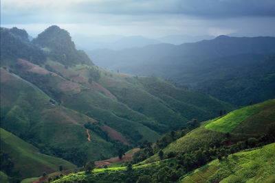 Mountain landscape, wooden house on a slope,